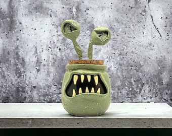 Monster Stash Jar #79, Celery Green Monster Jar with Lavender Interior