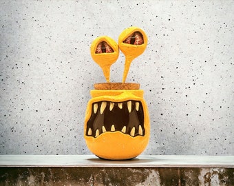 Monster Stash Jar #67, Lemon Yellow Monster Jar with Maroon Interior