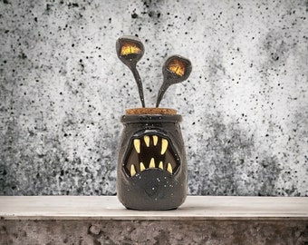 Monster Stash Jar #81, Irridescent Metallic Blue Black Monster Jar with Orange Interior