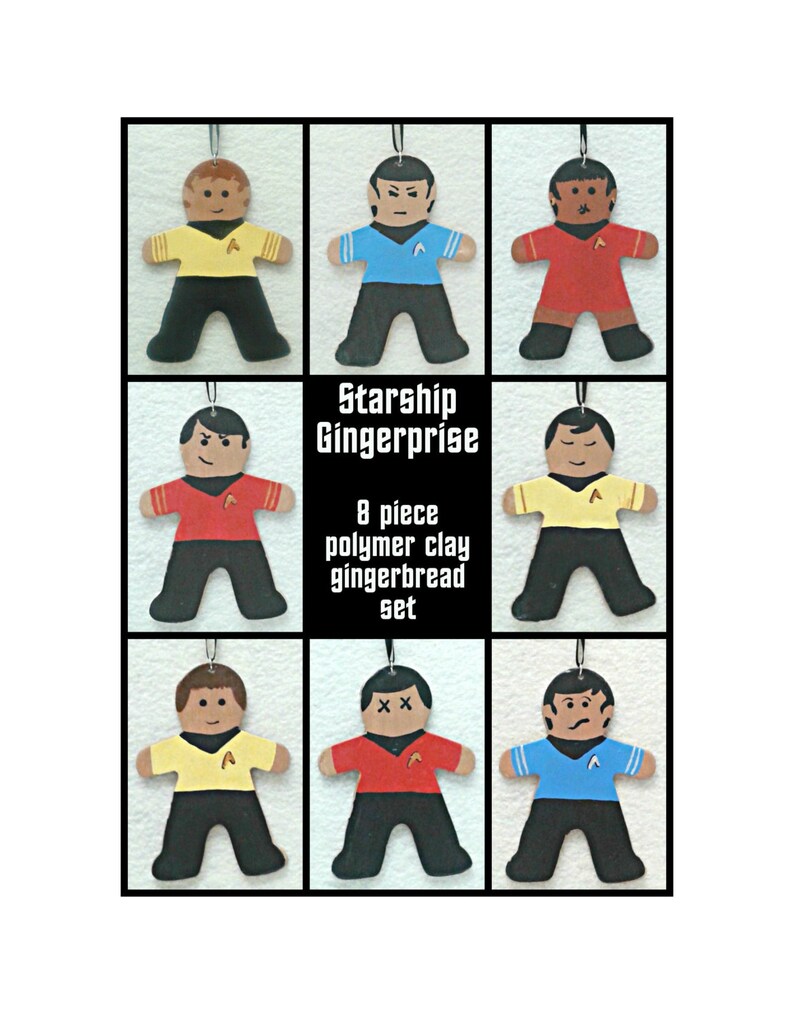 Polymer Clay Gingerbread Shaped Ornaments Starship Gingerprise boxed set of 8 ornaments