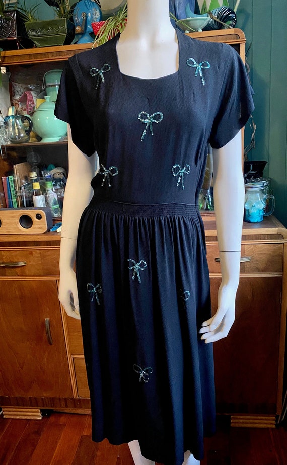 1940's inky black rayon crepe vintage dress with b