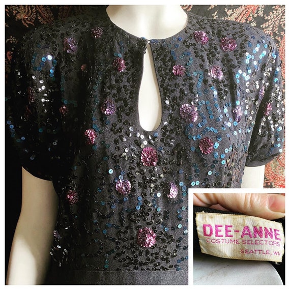 1940's Black Rayon Crepe Dress with sequins / Vint