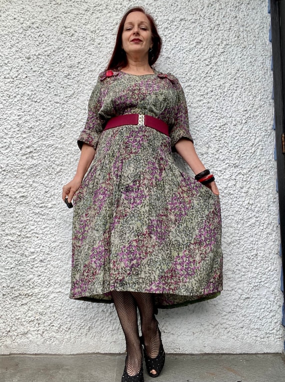 1940s floral lace print thin rayon dress - large