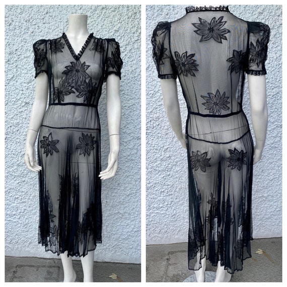 1930's Femme Fatale Dress / Vintage Sheer Black dr