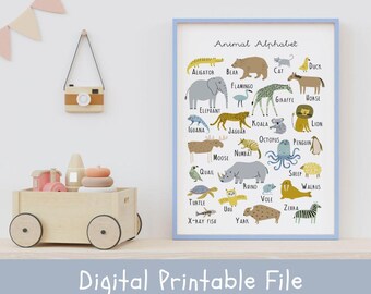 Animal Alphabet Poster – Playroom Wall Art, ABC Print (Digital Download A4 Size JPGs Included)