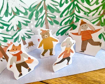 Printable Winter Ice Skating Rink | Paper Animal Puppets Craft (Digital Download)