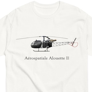 May include: White t-shirt with a black and white illustration of a helicopter with the text "Aérospatiale Alouette II".