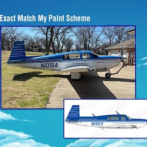 May include: A blue and white airplane with the tail number N1091A. The airplane is on a grassy field with a blue sky in the background. The image is a close-up of the airplane.