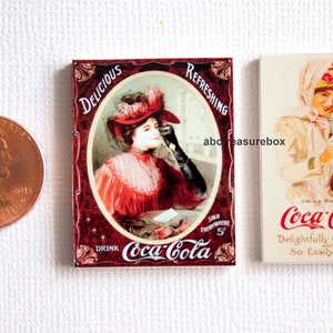 2 Coca Cola Victorian Lady Miniature Wall Signs, 1:12 Dollhouse Scale Diner Soda Restaurant