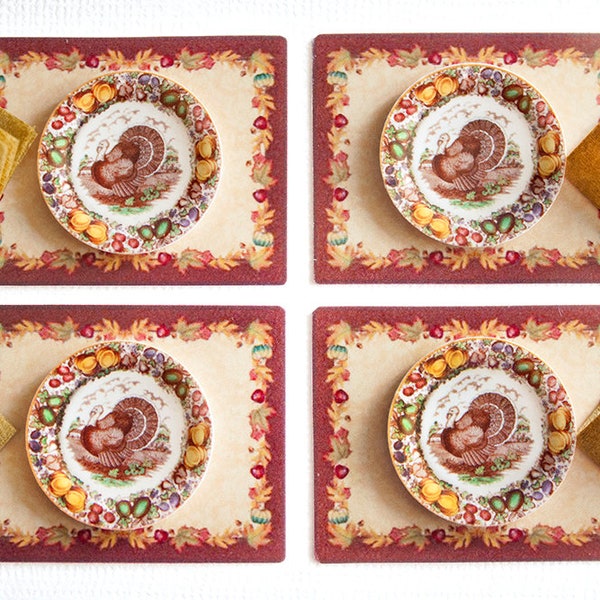 1:12 Miniature Paper Plates Placemats, Turkey, Thanksgiving, Fruit, Napkins, Kitchen, Dining, Table Setting, Holiday