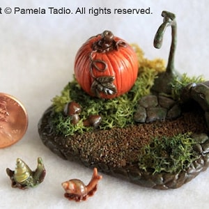 1:12 Scale Dollhouse Miniature Handmade - 4 Piece Set, Snail Garden Scene, Rustic Pumpkin, Garden Pot, Mushroom, Spigot - One of a Kind