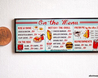 Miniature Diner Menu Board Wall Sign, Retro Style, 1:12 Scale Kitchen Restaurant, Soda Burger Hot Dog Cheesburger Coffee Pie Eggs