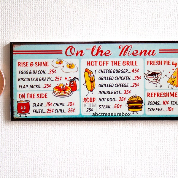 Miniature Diner Menu Board Wall Sign, Retro Style, 1:12 Scale Kitchen Restaurant, Soda Burger Hot Dog Cheesburger Coffee Pie Eggs