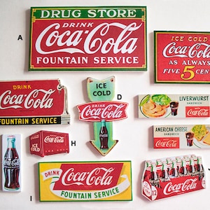 Set of 10 Miniature Coca Cola Wall Signs, Vintage Inspired - 1:12 Miniature, 1950's Restaurant Diner Kitchen Soda Fountain