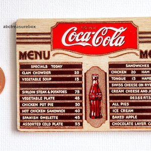 Miniature Coca Cola Menu Board Wall Sign, 1:12 Scale Handmade, Kitchen Retro Diner Cafe Restaurant, Ice Cream, Sandwiches, Chowder