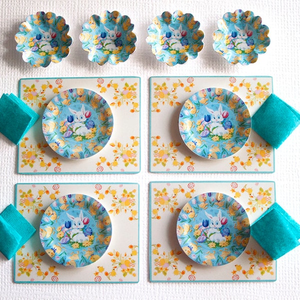 Miniature Paper Plates, Rabbit Easter Paper Plates Candy Dishes Placemats Napkins, 1:12 Scale Dollhouse, Chick, Flowers, Tulip, Yellow, Teal