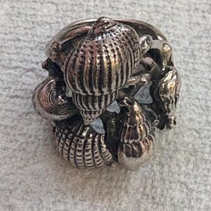 May include: A silver ring featuring a cluster of detailed seashells. The ring showcases various shell shapes and textures, creating a coastal or nautical theme. The ring is made of a shiny, metallic material.
