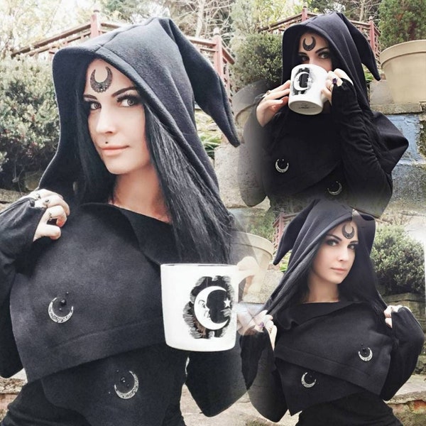 strega fashion/witch hat/hooded scarf/elven hat/cowl/winter goth/witchy/strega/witchy hood/fairy cape/mage/halloween/winter cape/gothic cape