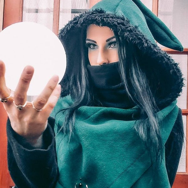 strega fashion/witch hat/hooded scarf/elven hat/cowl/winter goth/witchy/strega/witchy hood/fairy cape/mage/halloween/winter cape/gothic cape