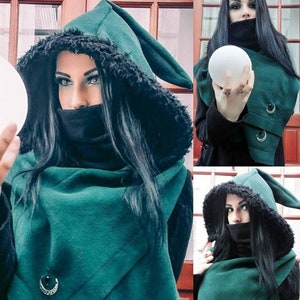 strega fashion/witch hat/hooded scarf/elven hat/cowl/winter goth/witchy/strega/witchy hood/fairy cape/mage/halloween/winter cape/gothic cape