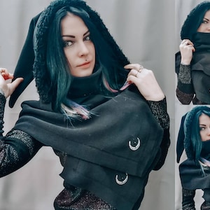 strega fashion/witch hat/hooded scarf/elven hat/cowl/winter goth/witchy/strega/witchy hood/fairy cape/mage/halloween/winter cape/gothic cape