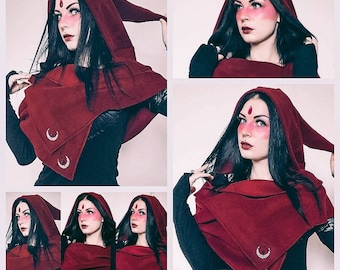strega fashion/witch hat/hooded scarf/elven hat/cowl/winter goth/witchy/strega/witchy hood/fairy cape/mage/halloween/winter cape/gothic cape