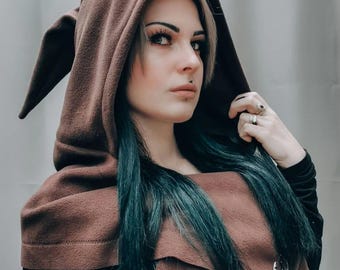 strega fashion/witch hat/hooded scarf/elven hat/cowl/winter goth/witchy/strega/witchy hood/fairy cape/mage/halloween/winter cape/gothic cape