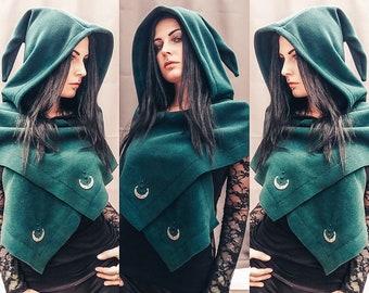 strega fashion/witch hat/hooded scarf/elven hat/cowl/winter goth/witchy/strega/witchy hood/fairy cape/mage/halloween/winter cape/gothic cape