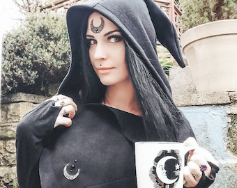 strega fashion/witch hat/hooded scarf/elven hat/cowl/winter goth/witchy/strega/witchy hood/fairy cape/mage/halloween/winter cape/gothic cape