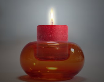 70&#39;s Modern Style Fine Orange Glass Candle Holder - Gl
