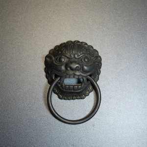 May include: A black metal door knocker shaped like a lion's head with a ring handle. The knocker has intricate details and a textured finish.