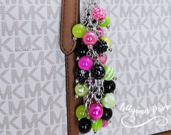 Pink, Black & Lime Green Beaded Purse Charm: Halloween Bling