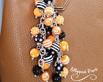 Orange & Black Beaded Purse Charm: Halloween Bag Accessory