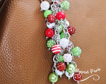 Red, White & Lime Green Beaded Purse Charm: Handmade Bag Accessory