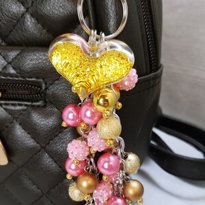 Gold Heart Pink and Gold Purse charm, Bag Charm, Purse accessory, Beaded accessory, beaded blush keychain, Valentines Day Gift for her