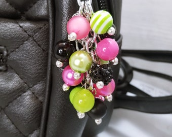 Pink, Lime Green & Black Beaded Purse Charm: Halloween Bling