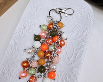 Handmade Beaded Purse Charm: Orange Coral Green Bag Accessory