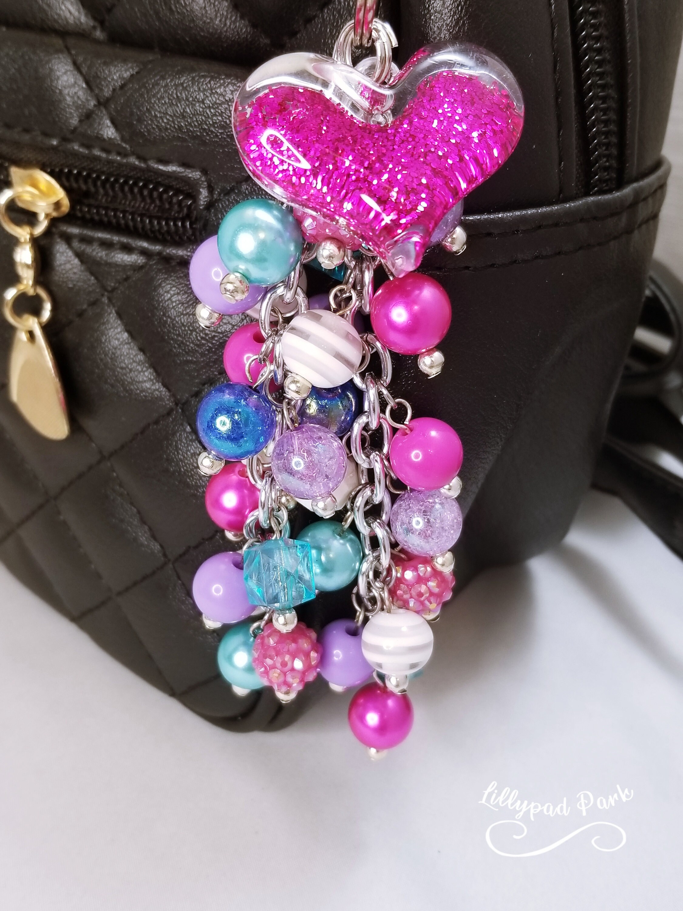 Pink Glitter Heart Purse Charm: Handmade Beaded Bag 