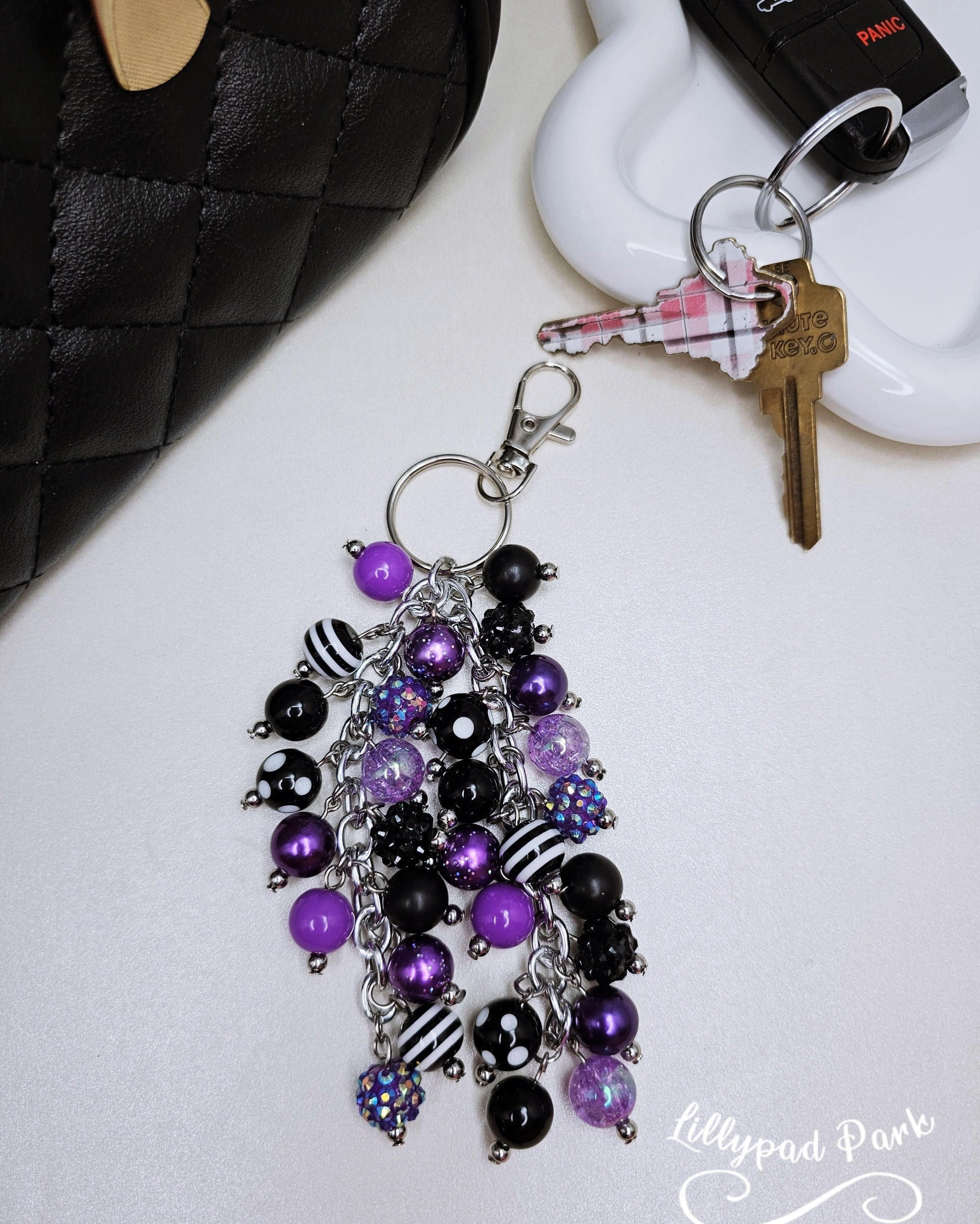 Purple & Black Beaded Purse Charm: Halloween Bling Accessory
