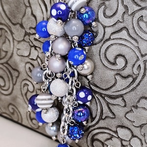 Gray, Silver and Blue Purse charm, Bag Charm, Purse accessory, Beaded accessory. Sparkly keychain