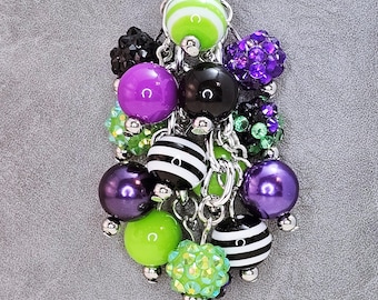 Handmade Beaded Purse Charm: Black, Purple & Green Bag Accessory