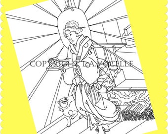 May include: A black and white line drawing of a woman in traditional Japanese clothing holding a tray. She is walking with a cat beside her. The woman is wearing a hat and a long robe. The cat is looking up at the woman.