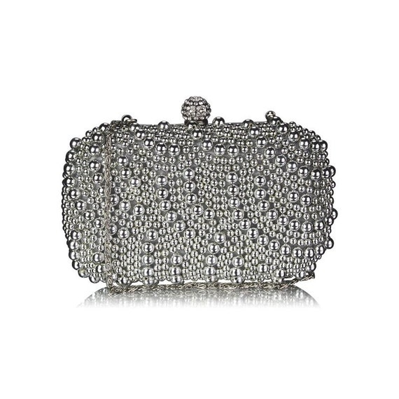 Items similar to Silver Beaded Pearl Rhinestone Clutch Bag on Etsy