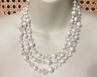 Vintage designer signed Laguna glass and pearls triple strand necklace