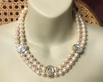 Vintage double rang de perles cabochons en verre rectangle collier de mariée