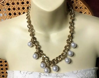 Vintage biker chain and pearl dangles boho necklace