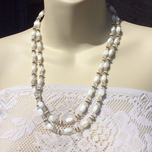 Vintage double strand milk glass beads fancy beaded wedding necklace .