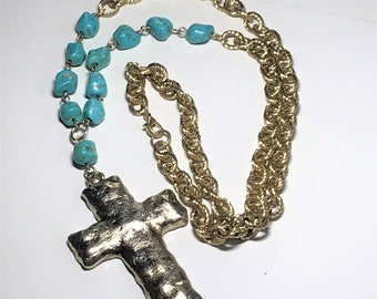 Vintage vraie salaud pierres turquoise chaîne d'or martelé collier pendentif croix argentée
