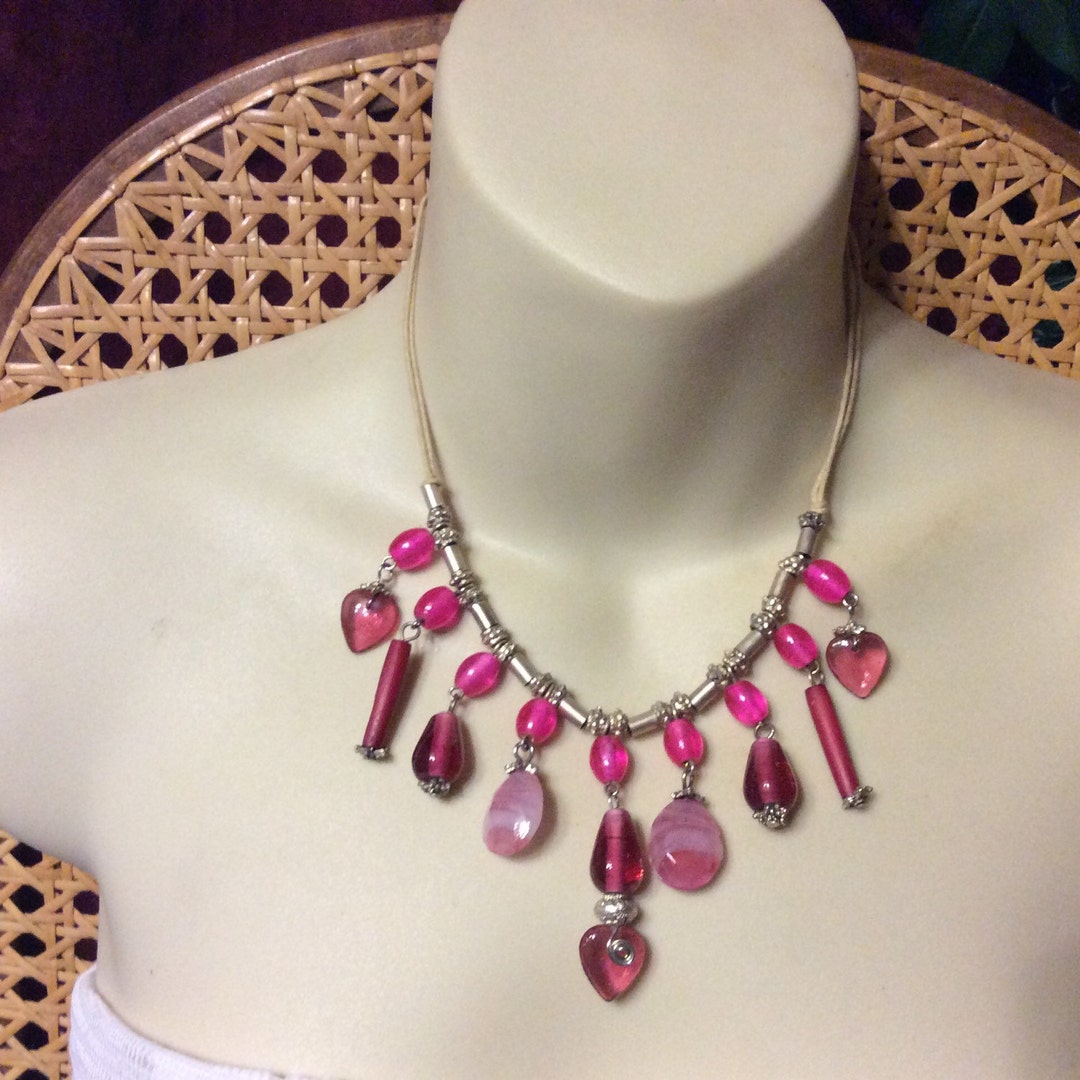 Lamp Work Pink Glass Heart Beads Necklace. Etsy