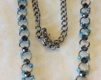 Vintage 1940's blue rhinestones circles chain collar necklace .